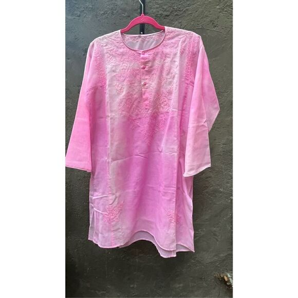 PINK TIE DYE SEMI SHEER COTTON CAFTAN COVERUP EMBROIDERED LONG KURTA TOP L/XL - Picture 11 of 15